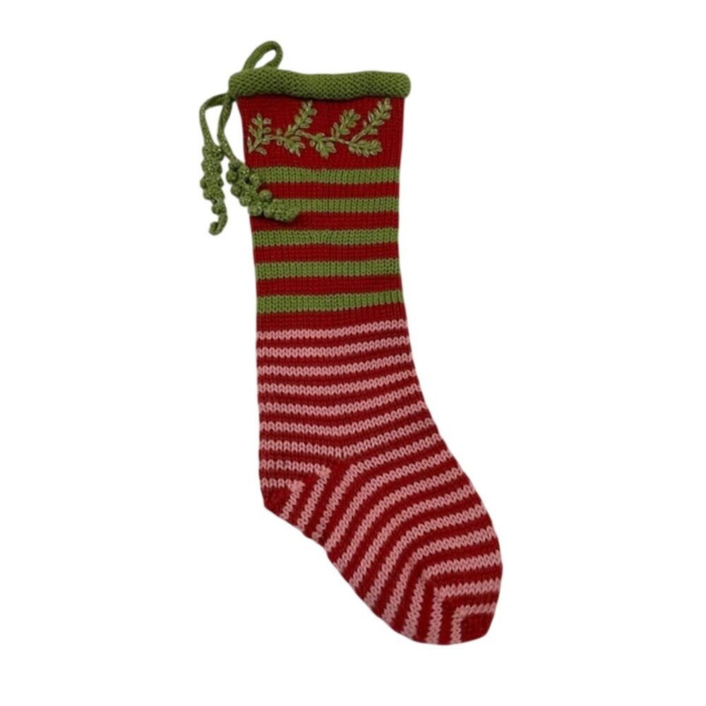 Christmas holly, hand knit red & green stocking.